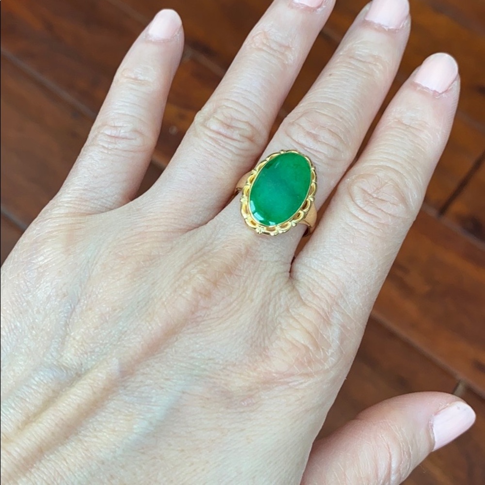 14K Solid Real Gold Oval Green Jade Women Ring